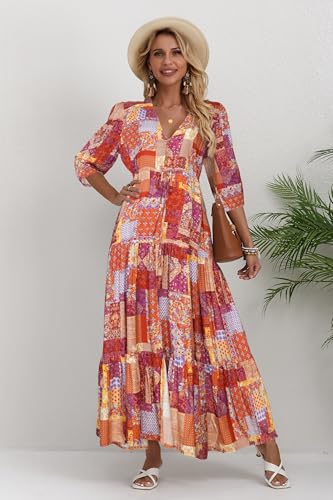 Image of Women Short Sleeve V Neck Floral Print Casual Bohemian Maxi Dresses