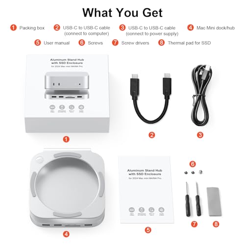 Qwiizlab アルミニウムスタンドハブ SSDエンクロージャ付き Mac Mini M4/M4 Pro用ドッキングステーション USB-A 10Gbps TF/SD 4.0カードリーダー 312MB/秒 USB-A 2.0 M.2 NVMe SSD最大8TBに対応 (シルバー) の商品画像 5