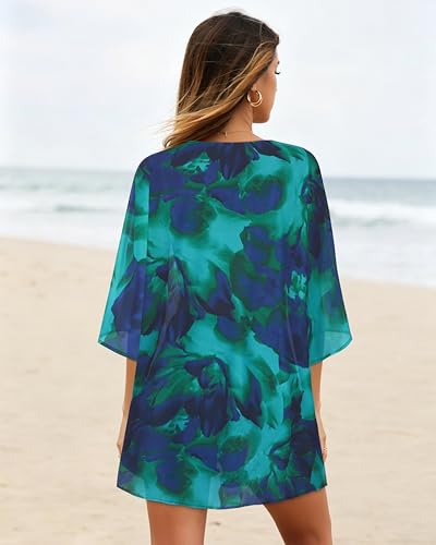 Image of Women's Floral Print Puff Sleeve Kimono Cardigan Loose Cover Up Casual Blouse Tops 2026