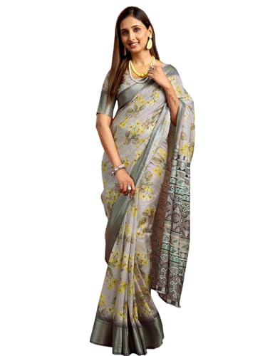 Image of SIRIL Women's Dola Silk Printed Jacquard Border Ready To Wear Saree with Unstitched Blouse Piece