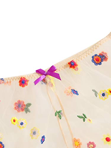 Verdusa Women's Floral Embroidered Sheer Mesh Bralette Top Shorts Lingerie Set Apricot M