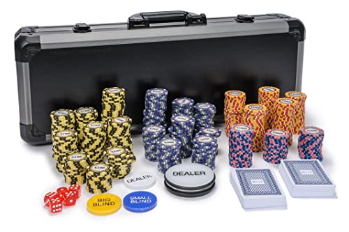 Riverboat Gaming Mallette de Poker Monte Carlo - 500 jetons de Poker numérotés (Poids 14g) et Accessoires gratuits - Poker Set de Luxe avec Cartes à Jouer en Plastique et Bouton de Croupier Cover