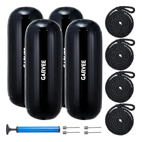 Garvee Boat Fenders 4 Pack 10 x 28 Inches Boat Bumpers for Docking, Ribbed Center Hole, Comes with Ropes and Pump to Inflate