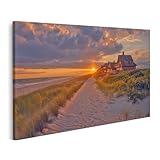 islandburner Prime Bild auf Leinwand Sonnenuntergang am Strand mit Häusern für Wohnzimmer Strandliebhaber Ferienwohnungsvermietung Bilder Wandbilder Poster