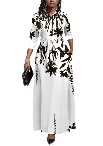 Image of Rumwind Maxi Dresses for Women, 3 /4 Sleeve Shirt Collar Casual Afircan Print Church Dress Button Down with Belt and Pockets