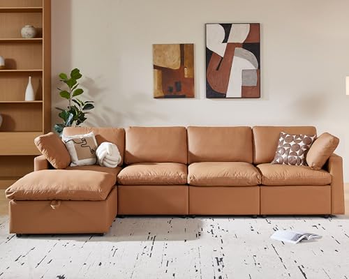 WEUP 130" Faux Leather Sectional Sofa with Ottoman, Brown