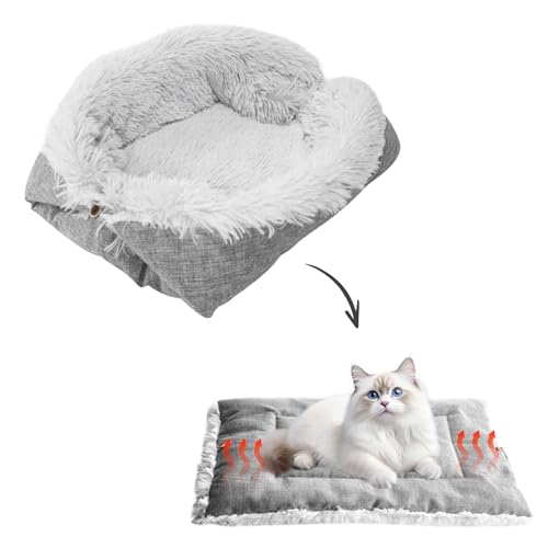 GOEDCH Lit Tapis pour Chat Lavable: 61x51cm 2 en 1 Peluche Douce Coussin pour Chat Chien, Canapé Moelleux pour Chats et Petits Chiens, Lit en Peluche Grise, Couverture Moelleuse pour Chat