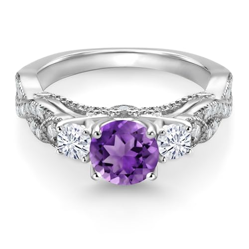 Gem Stone King 925 Sterling Silver Purple Amethyst and White Moissanite Engagement Ring For Women (1.47 Cttw, Gemstone February Birthstone, Round 6MM and 3MM)3