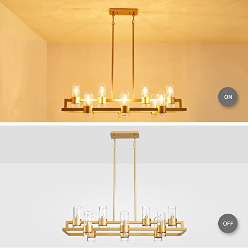 Image of WUZUPS Island Rectangle Chandelier 10-Light with Clear Glass Industrial Modern Farmhouse Linear Light Fixture for Dining Room Kithen Island, Width 42.5 inch Height 10.4 inch, Gold