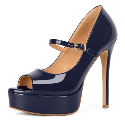 Image of SAMMITOP Women's Peep Toe High Heels Platform Stiletto Pumps Patent Mary Jane Heels 5.5 inch Party Wedding Dress Shoes
