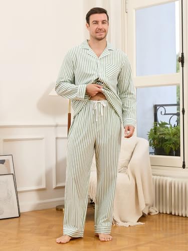 U2SKIIN Men's Pajama Set, Soft Cotton Button-Down Striped Pajamas for Men, Long Sleeve Sleepwear with Pockets & Front Fly (Green White, L)3