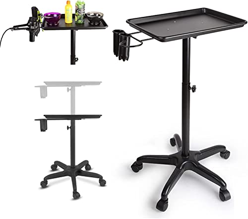Bandeja de salón con ruedas, carro de aluminio, altura ajustable, con ruedas giratorias de 360 grados, para carros dentales, peluquería, carros (negro con estante) Cover