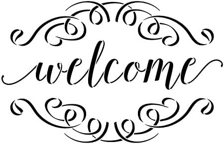 Ivana's Welcome Stencil with Scrolls | Reusable Mylar Template�| Word Art - for Painting on Rustic Pallets or Wood Signs - Farmhouse | Use for Crafting, DIY Home Decor - Size (9"x6")