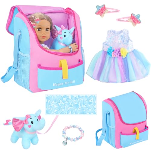 UNICORN ELEMENT 18 Inch Girl Doll Accessories with Doll Carrier Bag + Dress + 2 Hairpins + Blue Sticker + Bracelet + Toy Elephant (18 Inch Doll Access