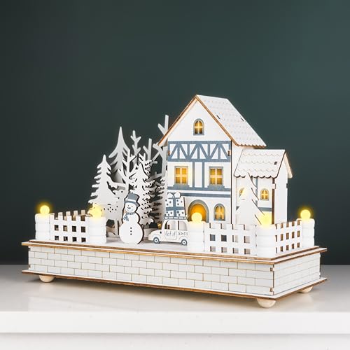 Marco Paul Wooden LED Christmas Village Scene Decoration Battery Operated Light Up White Ornament with Warm White Lighting Festive Snowman House Tabletop Window Display Décor