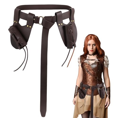 3 PCS Dark Brown Viking Belt Set with Vertical Sword Sheath and Right-Hand Sword Holder, Medieval Renaissance Celtic Design for Knights, Adjustable PU Leather, Perfect for Role-Playing