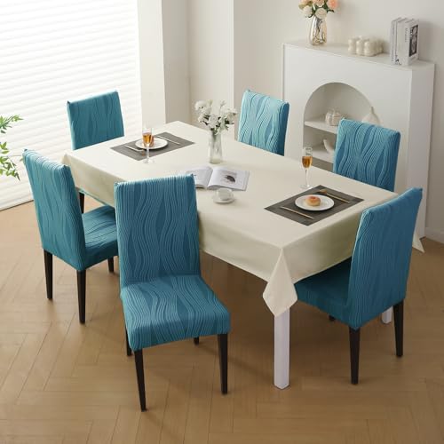 Image of HOKIPO 200 GSM Stretchable Knitting Jacquard Chair Cover Set of 6,'Nestiva Series' Sea Blue (AR-6072-BL)