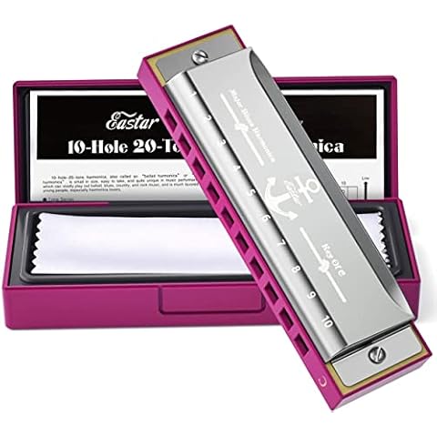 Eastar Major Blues Diatonic Harmonica 10 Holes C Key Mouth Organ for Kids Adults Beginners with Hard Case and Cleaning Cloth, Pink Cover