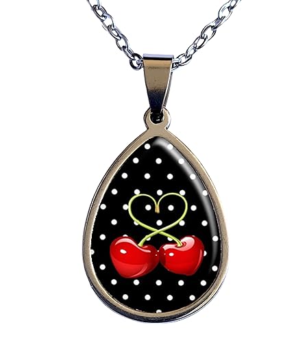 Collier goutte cerise rouge noir pois cadeau bijou