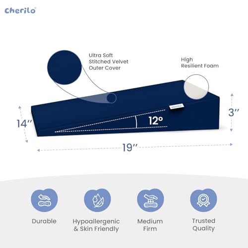 Image of Cherilo Wedge Pillows for Bed - Standard Elevated Baby Crib Wedge Pillow with Removable Velvet Cover, 12-Degree Incline for Acid Reflux, Colic & Respiratory Comfort, 14 inch x 19 inch x 3 inch, Navy Blue