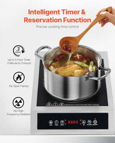 Image of VEVOR Portable Commercial Cooktop, 1800W Induction Burner with 9 Temperature Settings, Stainless Steel Countertop Induction Hot Plate with 3H Timer, Child Lock, for Restaurant Cooking