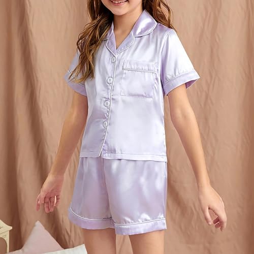 Girls Boys Satin Pa𝗷amas Set 2p𝗝 S𝗶𝗹k N𝐢ghtwear Button Slee𝗽wear Short Summer P𝗝s for Kids Solid Loun𝗴e Clothes3