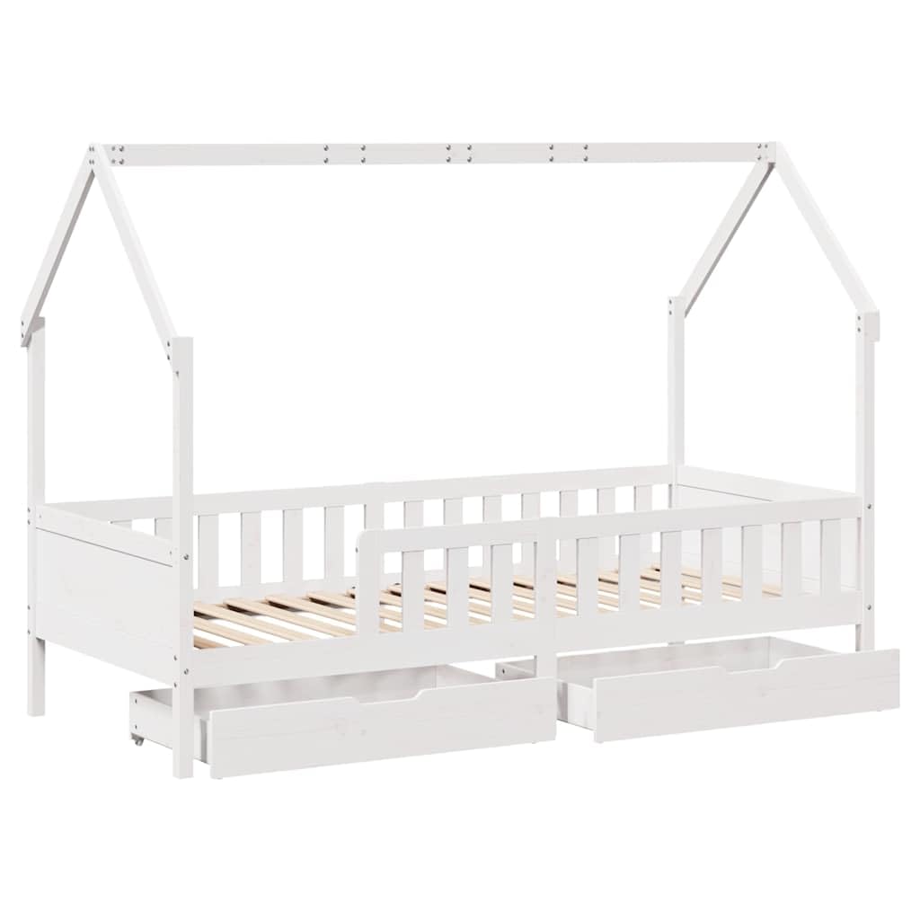 Kinderbett 80x200 cm, Massivholz Kiefer, Weiß, Hausbett mit 2 Schubladen, Betten für Kinder, Jugendbett, Bettgestell mit Stauraum, Plattformbett