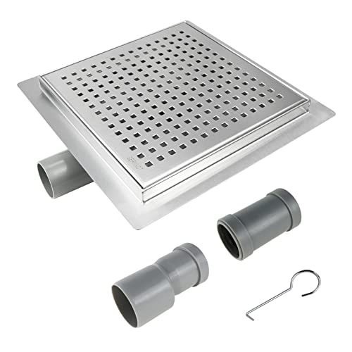 Bernkot Caniveau de douche carré 20 x 20 cm, siphon à 360° avec système anti-odeurs et tamis à cheveux, caniveau d'écoulement en acier inoxydable, évacuation de sol très plat DN50 DN40 Cover