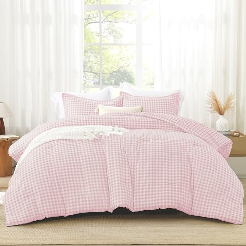 Image of Andency Pink Gingham Comforter Set Full(79x90Inch), Blush Checkered Grid Plaid Buffalo Bed Set for Girls Boys Kids Teens, 3 Pieces Lightweight Polyester Geometric Preppy Bedding