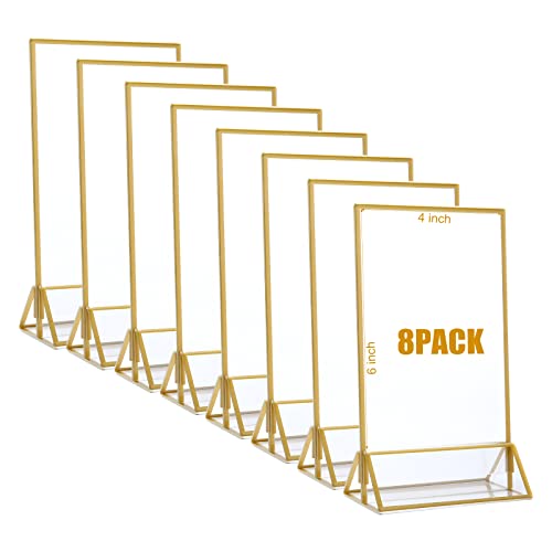 PTPTRATE 8 Stück Acryl Gold Schild Holder 4x6'' Gold Frames Gold Sign Holders Double Sided Sign, Wedding Table Number Frames for Table Top, Table Numbers, Photos, Restaurant Signs Cover
