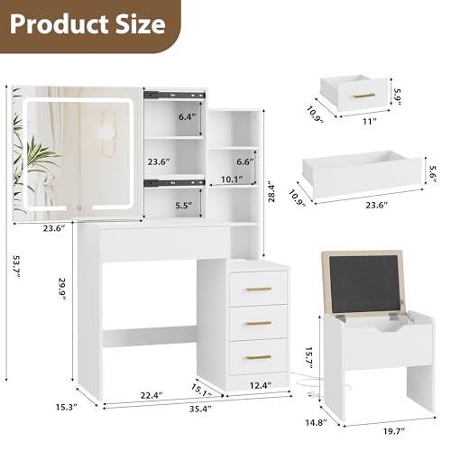 GarveeHome Makeup Vanity Desk with Sliding Mirror, Vanity Dressing Table with 3 Color Adjustable Lights, Girls Vanity Set with Stool, 4 Compact Vanity Drawers, Power Outlet, White