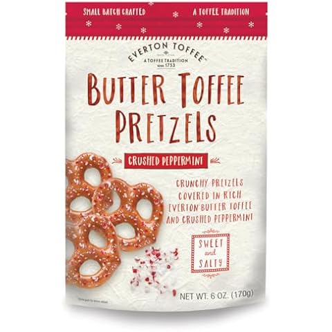 Everton Toffee Peppermint Crunch Butter Toffee Pretzels (6 oz. bag, 3-pack). Gourmet artisan toffee covered pretzels with peppermint bits, small batch crafted sweet and salty mini pretzel snacks. Cover