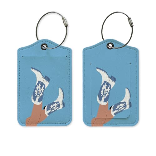 Western Luggage Tag, Preppy Blue Cowgirl Boots Luggage Tags for Suitcases, Teen Girls Cowgirl Gifts, Privacy Protection PU Leather Travel Name Tags Identifiers for Luggage