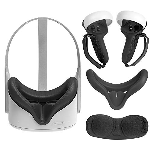 Pinson Touch Controller Grip Cover, Silicone VR Face Cover, Lens Protect Cover Set for Oculus Quest 2 VR Headset (Black)