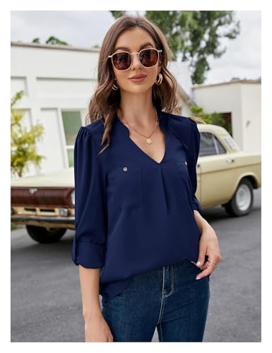 Women's V-Neck Puff Sleeve Chiffon Blouse for Business Casual Navy