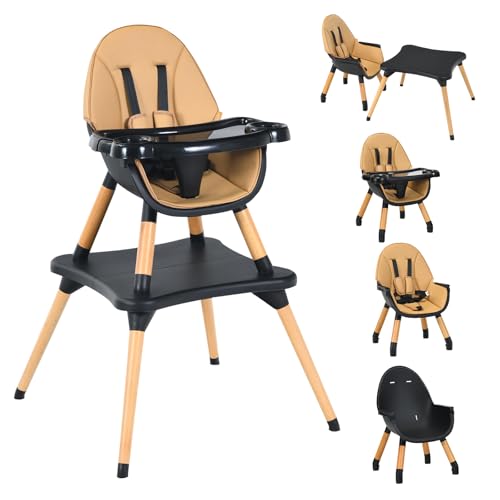 COSTWAY 4-in-1 Babyhochstuhl, Hochstuhl & Essstuhl & Kinderstuhl & Kindersitzgruppe, Kinderhochstuhl h&ouml;henverstellbar, Babystuhl, Kombihochstuhl mit Sicherheitsgurt und abnehmbares Tablett (Braun)