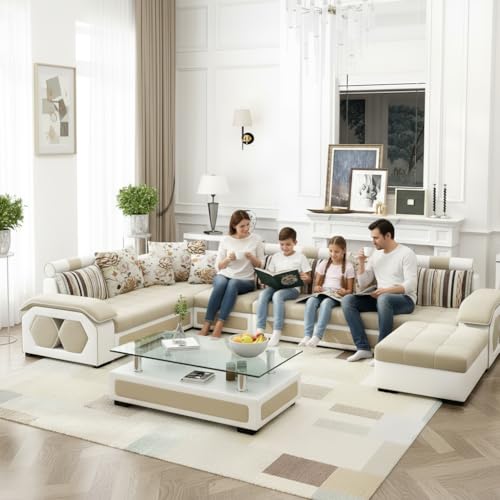 Image of Brown Maple U-Shape Sectional Sofa Set for Home | 10-Seater Fabric Sofa with Tea Table & 4 Puffy | Spacious Seating for 14 Persons | Pre-Assembled, Modern Comfort Design(White)