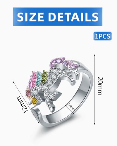 HSIXHAF 1 pcs Regenbogen Einhorn Ring mit Strass Einstellbare Öffnung Cartoon Einhorn Mädchen Ring, Geschenk für Tochter, Enkelin, Kind einer Freundin