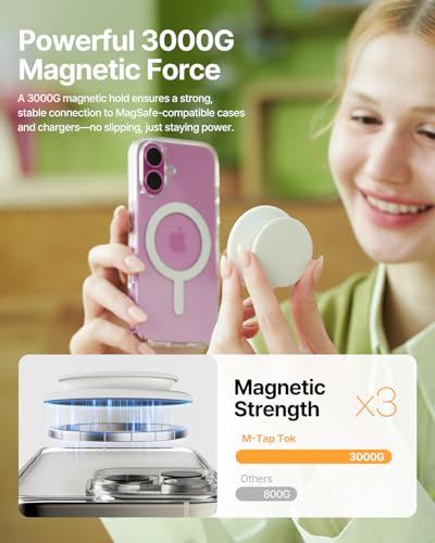 【Tapで簡単にグリップ】 Sinjimoru Magsafe対応 薄型シリコンスマホグリップスタンド、2in1機能 強力磁力付き 落下防止 ワイヤレス充電可能 スマートフォンホルダー iPhone16 Plus Pro Max iPhone15 14 13 12 シリーズ マグセーフ用磁気スマホフィンガーホルダースタンド 。M-TapTok ホワイト