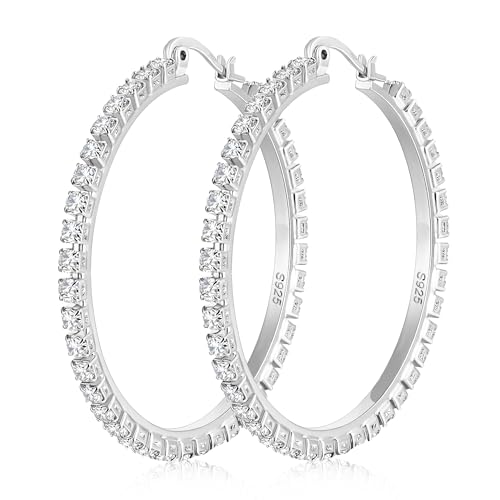 Sterling Silver Rhinestone Hoops Earrings for Women Earrings Hypoallergenic Cubic Zirconia Hoop Earring Lightweight Thin Round Hoops Jewelry Gifts 20/30/40/50/60mm