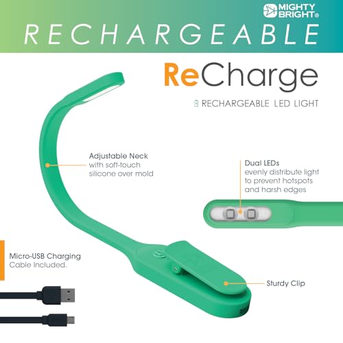 Image of The Original Mighty Bright Recharge Clip On Rechargeable Book Light Reading Light, Warm Eye Care LEDs, Flexible, Durable, Dimmable, Perfect for Kids, Bookworms, Reading in Bed, Lasts 60 Hours (Green)
