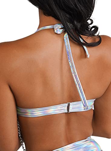 Rave Outfits For Women - Metallic Holographic Body Chain Harness Top High Waist Bottom Festival Dance Bikini Set(Silver,L,1314E) #TOP3