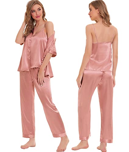 Image of SWOMOG Womens Silk Satin Pajamas Sets 4pcs Sleepwear Sexy Cami Shorts Set and Button Down Short Sleeve Pjs Loungewear
