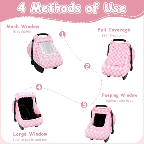 Image of Baby Car Seat Cover with Mesh Window, Windproof Carseat Cover for Infant Girls, Infant Carseat Canopy with with Dual Zipper, Compatible with Most Baby Car Seat, Pink Checkered
