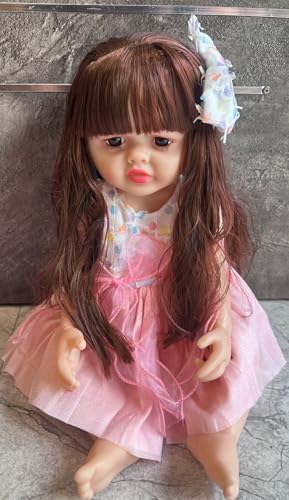 Image of Realistic Baby Doll with Pink Striped Floral Dress, Long Brown Hair, Soft Vinyl Body, 25cm Height, Movable Limbs, Matching Hair Bow
