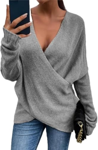 Women's V-Neck Crisscross Sweater Oversized Long Sleeve Cross Wrap Knit Pullover Top Fall Fashion Cute Sweaters (Grey,Medium)