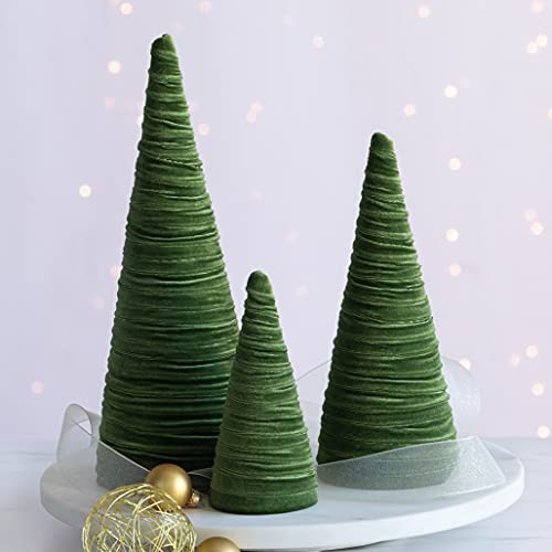 Image of Olive Velvet Trees Set of 3, Valentine Tabletop, Modern Mantel Decor, Elegant Green Holiday Entryway, Wedding Centerpiece, Office Bookshelf (Olive)