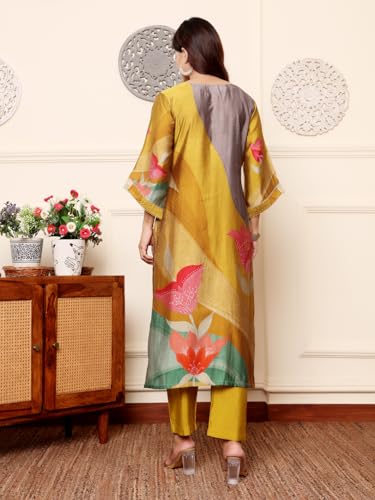 Image of Varanga Women Printed Straight Kurta Pant Set |Chanderi Silk | Summer Wear | Soft, Lightweight & Breathable | Casual Wear