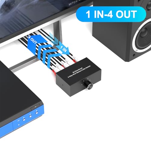 Image of Dingsun 4-Way Stereo Audio Switcher, Bi-Directional Right and Left Channel Audio Selector Box for Blu-ray Players or DVD Players Active Speakers (4In-1Out /1In-4Out)