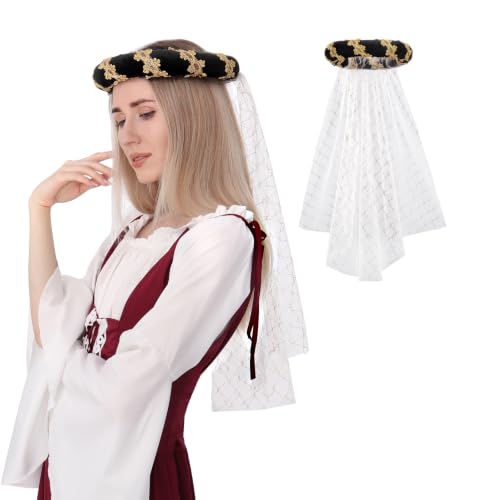 DAZCOS Medieval Padded Roll Hat Renaissance Chaplets Coif Cap with Veil Vintage Velvet Headdress Headpiece (Black)